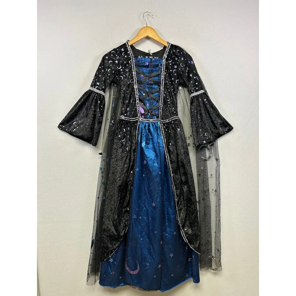 Spirit Halloween Celestial Witch Girls Large Blue Black Moon Star Hooded Dress